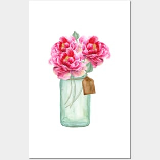 Watercolor, peonies, mason jar, jar, flowers, bouquet Posters and Art